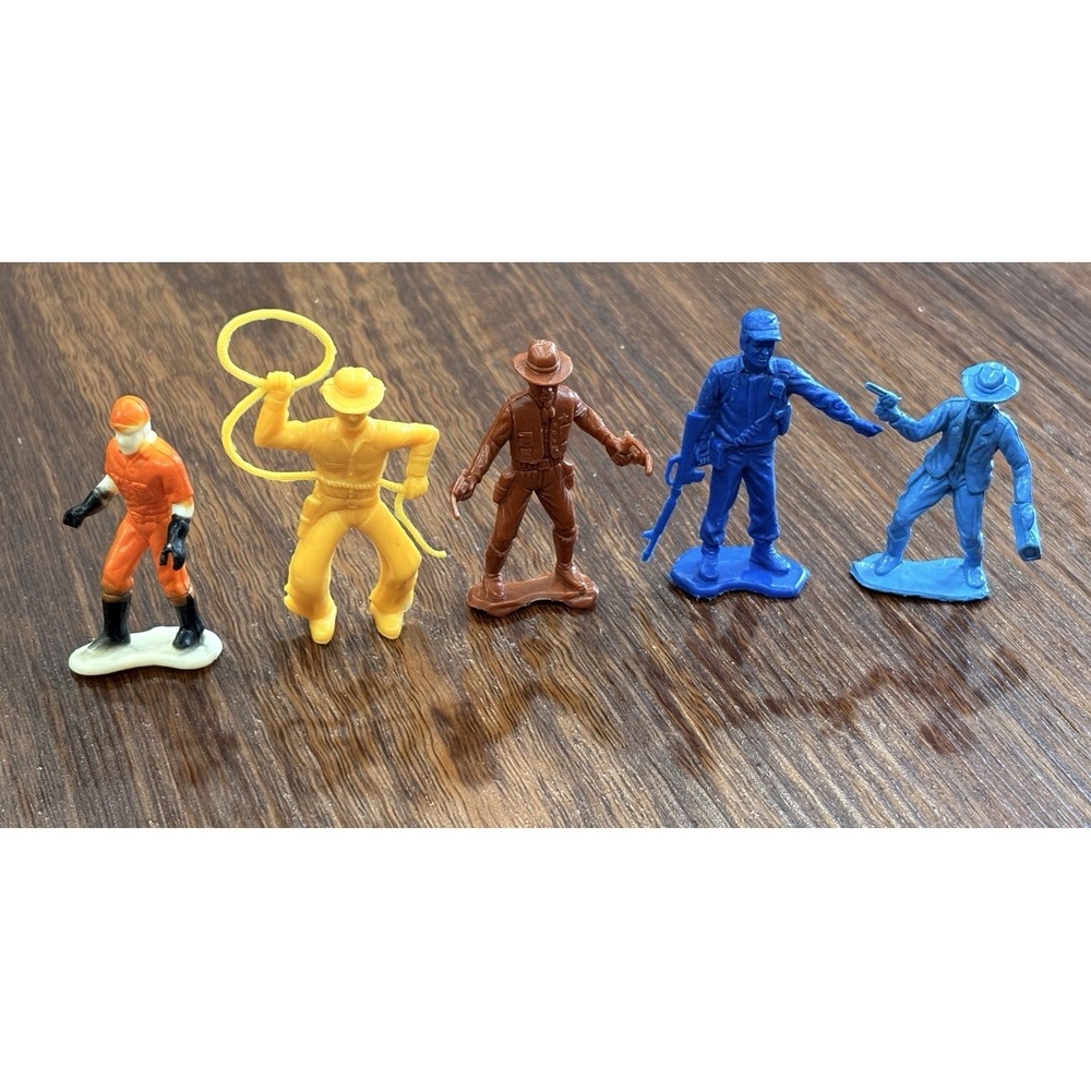 Vintage Toy Figure Lot of 5 Cowboys Brown Yellow Blue With Pistol Orange Figure